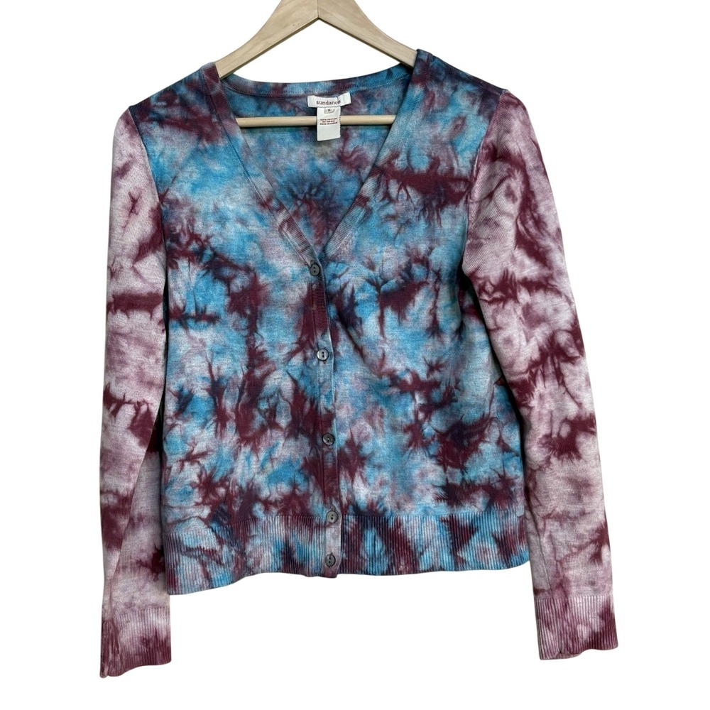 Sundance Teal Burgundy Tie Dye Cardigan Sweater Boho Lightweight Women's Small